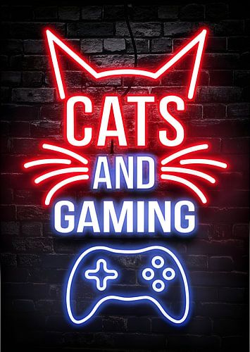 Cats and Gaming with Controller in Neon Lights at Bricks Wall