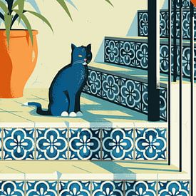 Black Cat on Staircase with Azulejo Tiles