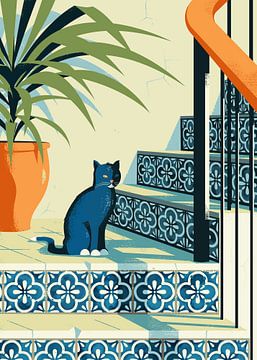 Black Cat on Staircase with Azulejo Tiles by Eduard Broekhuijsen