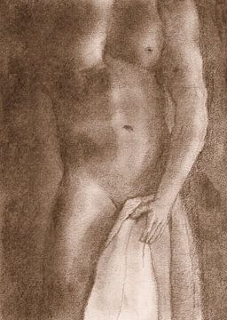 Naakte man met handdoek pastel walnoot bruin van Krista Kitsz Art