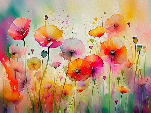 Abstraktes Aquarell von Mohnblumen am Straßenrand von Studio Pieternel