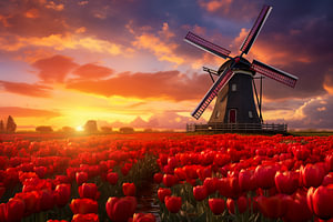 Windmühle im roten Tulpenfeld bei Sonnenuntergang, Niederlande, Frühling