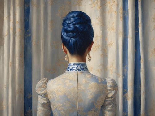 Een portret van een dame in een delfts blauw jurk