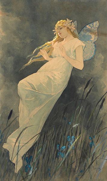 Fee met irisbloemen, Alphonse Mucha van Meesterlijcke Meesters