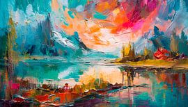 Schilderij met bergen en meer