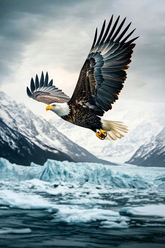 Bald Eagle über schneebedecktem Wasser