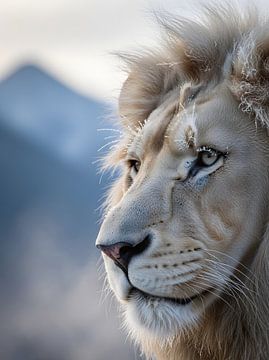 Majestueux lion blanc en hiver : portrait d'un prédateur recouvert de givre