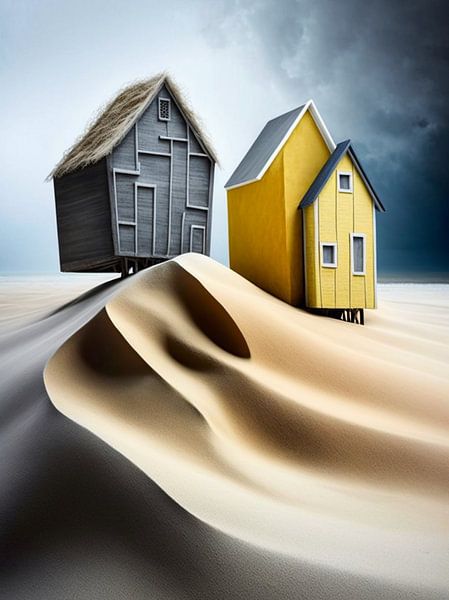 Surrealistische strandhuisjes zandduin gestileerd abstract efemeer van gm_designs