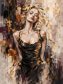 Tableau de luxe - portrait de femme dans des tons dorés, aubergine et orange
