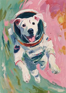 Hond in ruimtepak in abstracte kleurenwolk