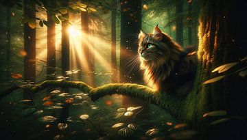 Mysterieuze kat in het boslicht van artefacti
