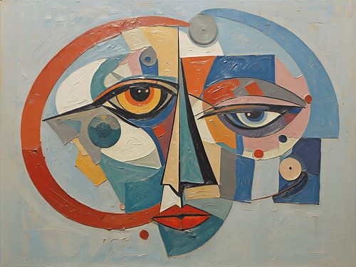 Modernes, abstraktes, kubistisches Gesicht in Blau und Terrakotta