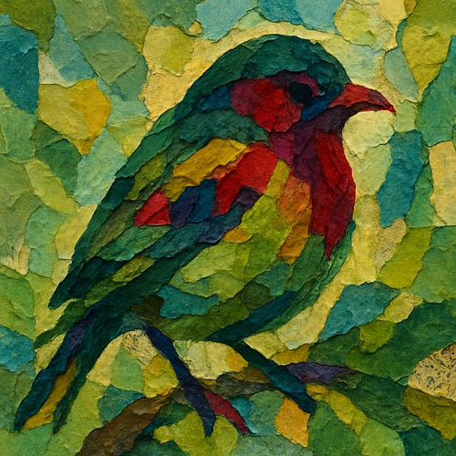 Oiseau coloré dans une mosaïque de papier sur Lois Diallo