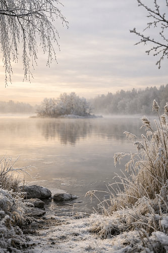 Winter Silence – Fine-Art: Ein zugefrorener See bei Sonnenaufgang von Design Wall Arts