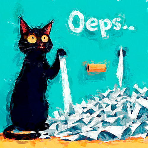 A vintage Pop Art poster featuring a black cat on the loo with toilet paper.