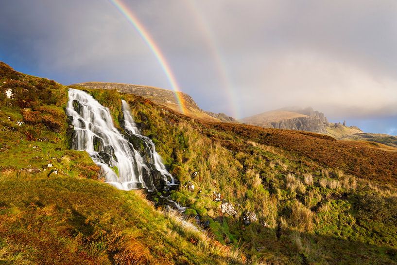 Waterfall with rainbow and the Old Man of Storr by Daniela Beyer