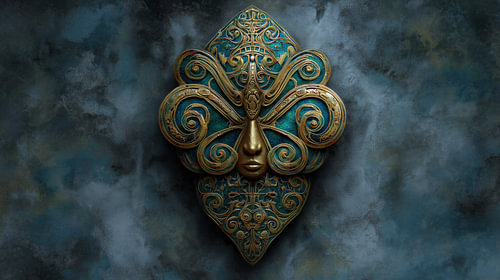Decoratief gouden masker met gezicht in turquoise tinten