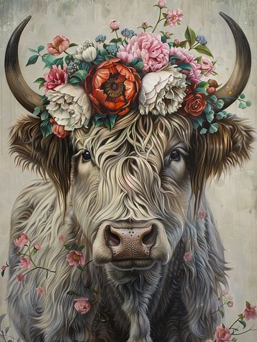 Vache des Highlands avec des pivoines
