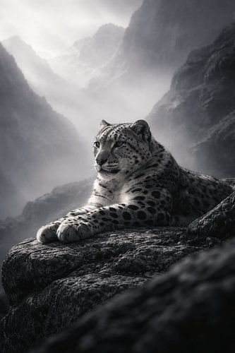 Léopard des neiges dans les montagnes brumeuses – photo d'art animalière sereine en noir et blanc
