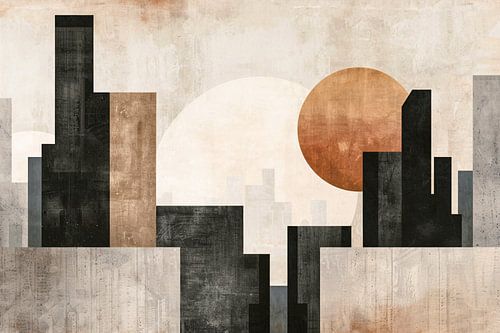 Minimalistische zonsondergang en stadssilhouet