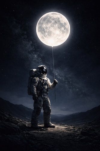 Astronaut met een lichtgevende maanballon onder de sterren