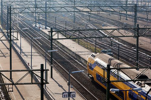 Voor rood licht wachtende trein op Den Haag Centraal Station