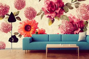 Inneneinrichtung Couch mit Blumen Tapete,Illustration von Animaflora PicsStock