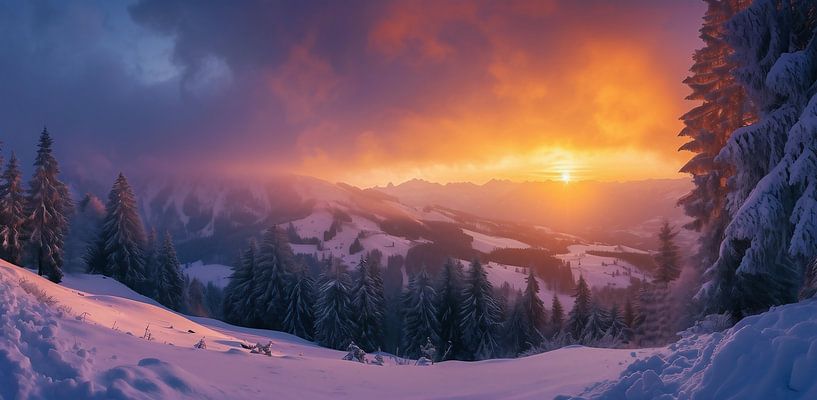 Zonsopgang boven een winterlandschap van fernlichtsicht