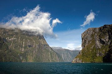 Kliffen en gebergte Milford Sound kust Nieuw Zeeland. van Albert Brunsting