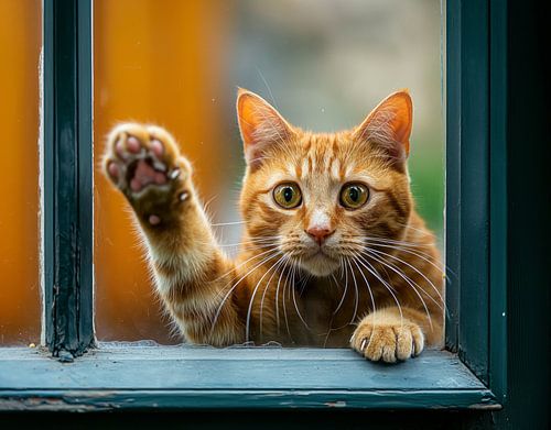 poes kijkt door het raam