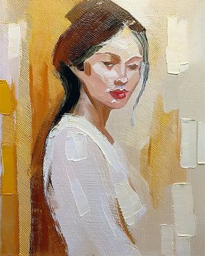 Abstract portret van een Vrouw in wit met Goud en Bruin. van Studio Pieternel