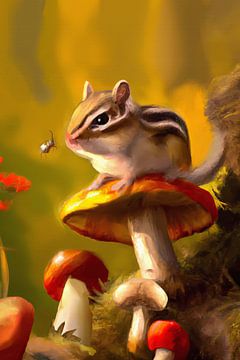 Stimmungsvolle Herbstmalerei Eichhörnchen auf Pilz von Maud De Vries