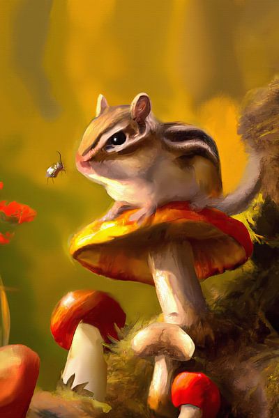 Peinture d'automne atmosphérique écureuil sur champignon par Maud De Vries