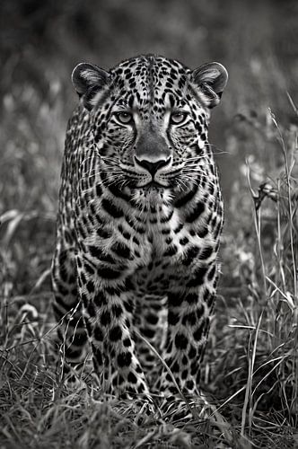 Zwart-wit foto van luipaard in gras