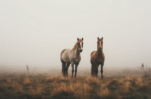 Wild horses in the fog
