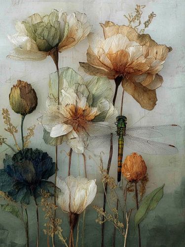 Libellule parmi des fleurs séchées