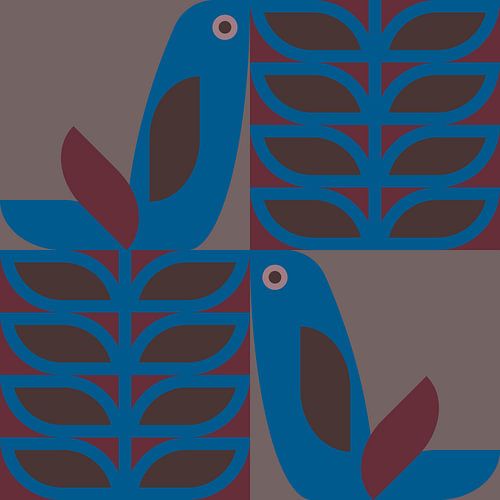 Scandinavisch retro. Vogels en bladeren in bruin, warm rood en kobaltblauw
