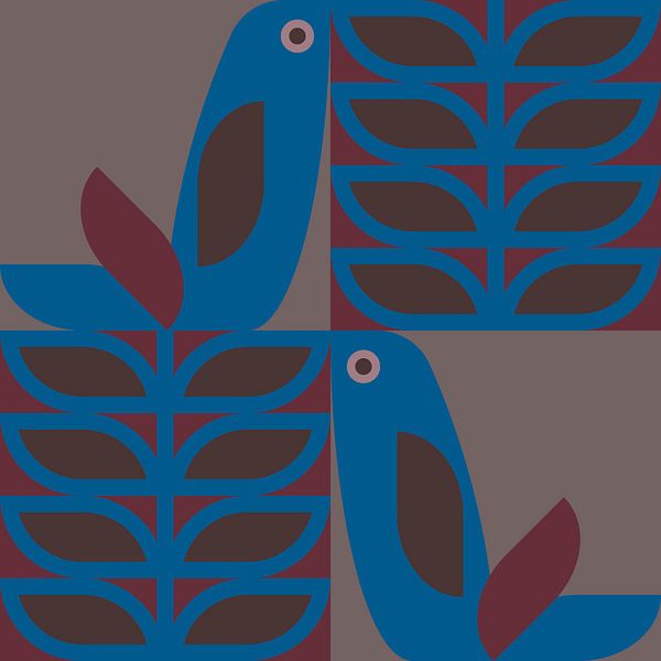 Scandinavian retro. Birds and leaves in brown, warm red, and cobalt blue by Dina Dankers