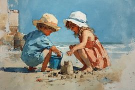 Kinder bauen eine Sandburg - Aquarellmalerei Strand und Spiel von Peter Pen Zeichnungen und Gemälde