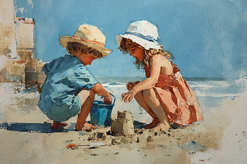 Enfants construisant un château de sable - aquarelle plage et jeux