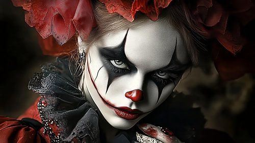 Spookachtige harlekijn rijst op uit schaduwen