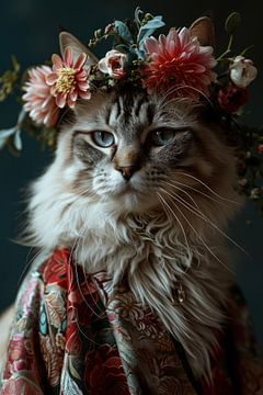 Porträt einer Katze mit Blumen von Digitale Schilderijen