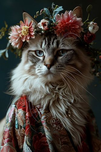 Portret van een kat met bloemen