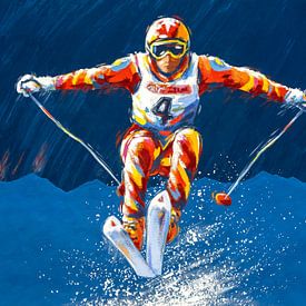 Wintersport - De wedstrijd skiër - acryl op papier van Galerie Ringoot