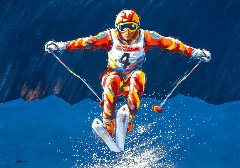 Wintersport - De wedstrijd skiër - acryl op papier van Galerie Ringoot