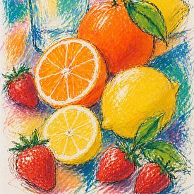 vibrant lemons, oranges and strawberries by Claudia Gründler