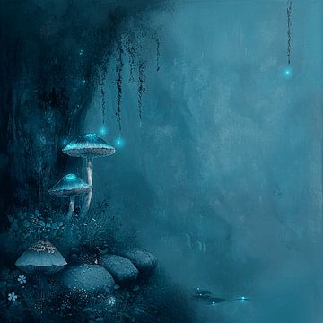 Blauwe Betoverende Paddenstoelen in een Magisch Bos van Karina Brouwer