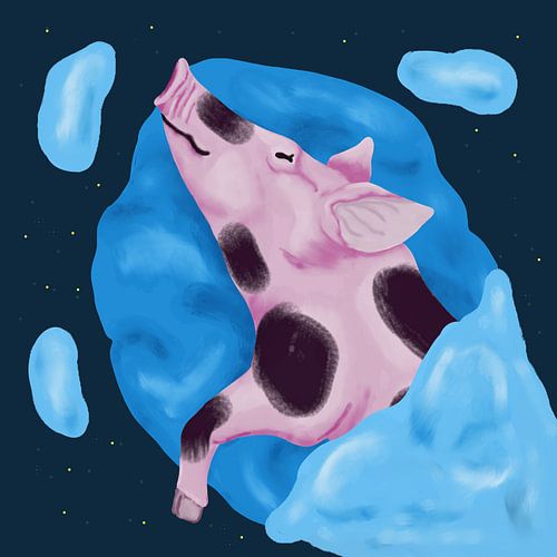 Cochon qui dort sur un gros oreiller bleu