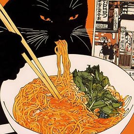 Un chat en train de manger des ramen sur IamHome Studio