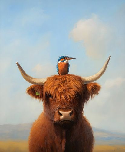 Highlander écossais avec portrait de martin-pêcheur